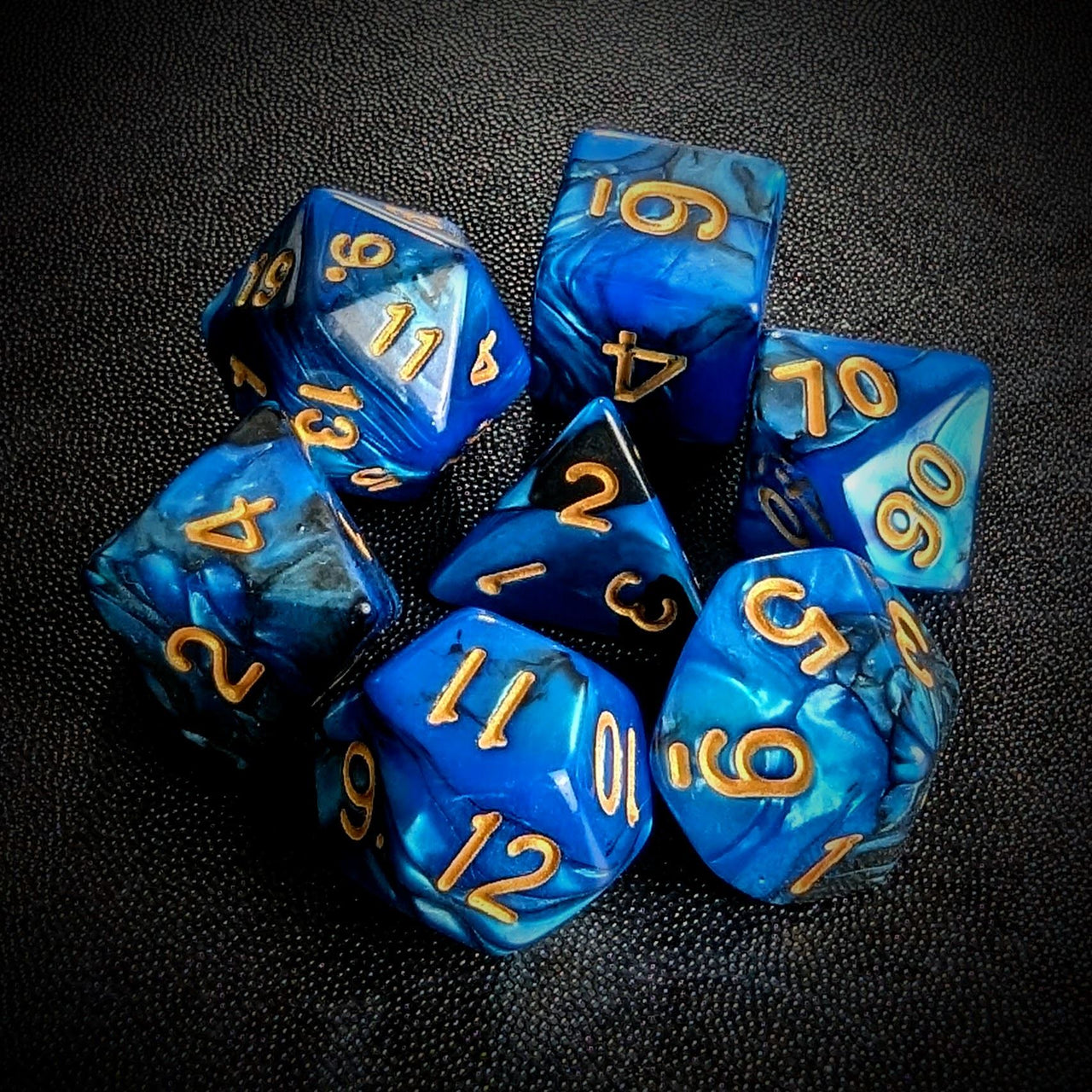 Blend of Black & Blue Acrylic - 7pcs RPG Full Dice Set Top