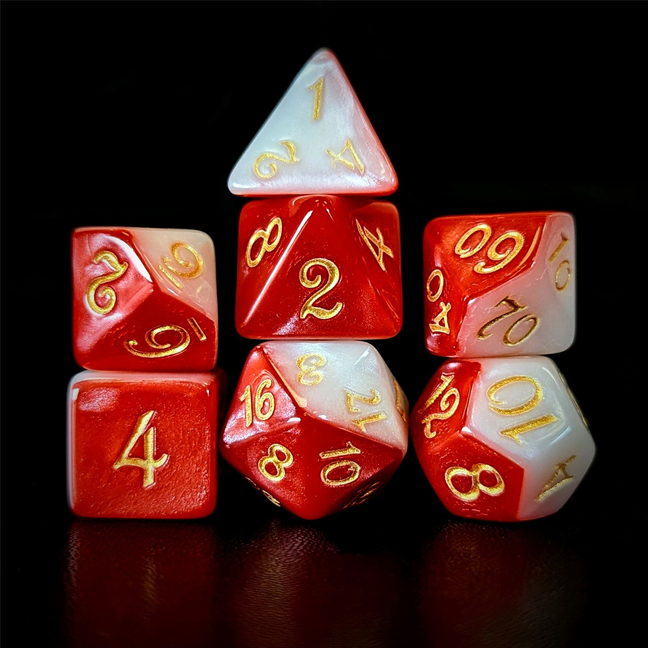 Blend of Red & White Acrylic - 7pcs RPG Full Dice Set Dark Stack