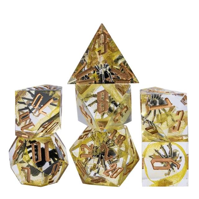 Spider in Clear & Yellow Filled Sharp Resin - 7pcs RPG Dice Set