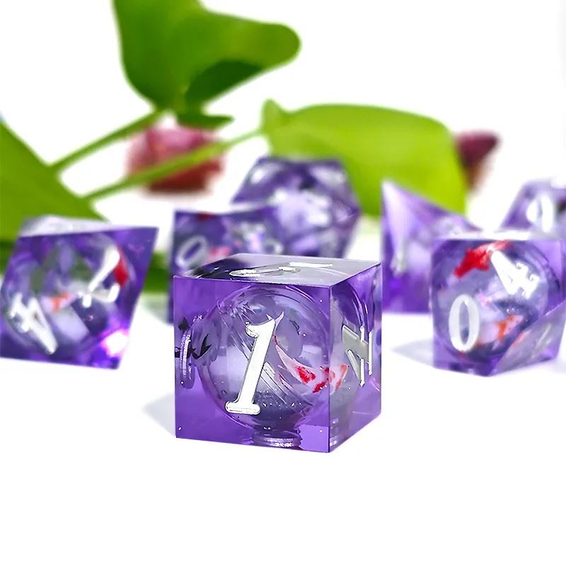 Fish Ball in Clear & Purple Filled Sharp Resin - 7pcs RPG Dice Set