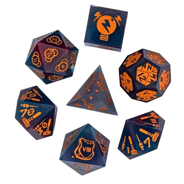 Artificer on Dark Blue Sharp Resin - 7pcs RPG Dice Set