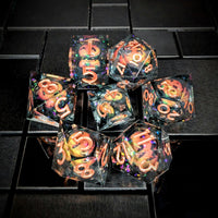 Thumbnail for 7pcs Dice Sharp Filled Liquid Copper Font Pumpkin Black Clear