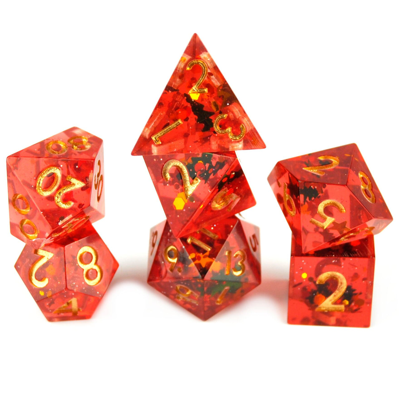 Snow in Red & Clear Filled Sharp Resin - 7pcs RPG Dice Set