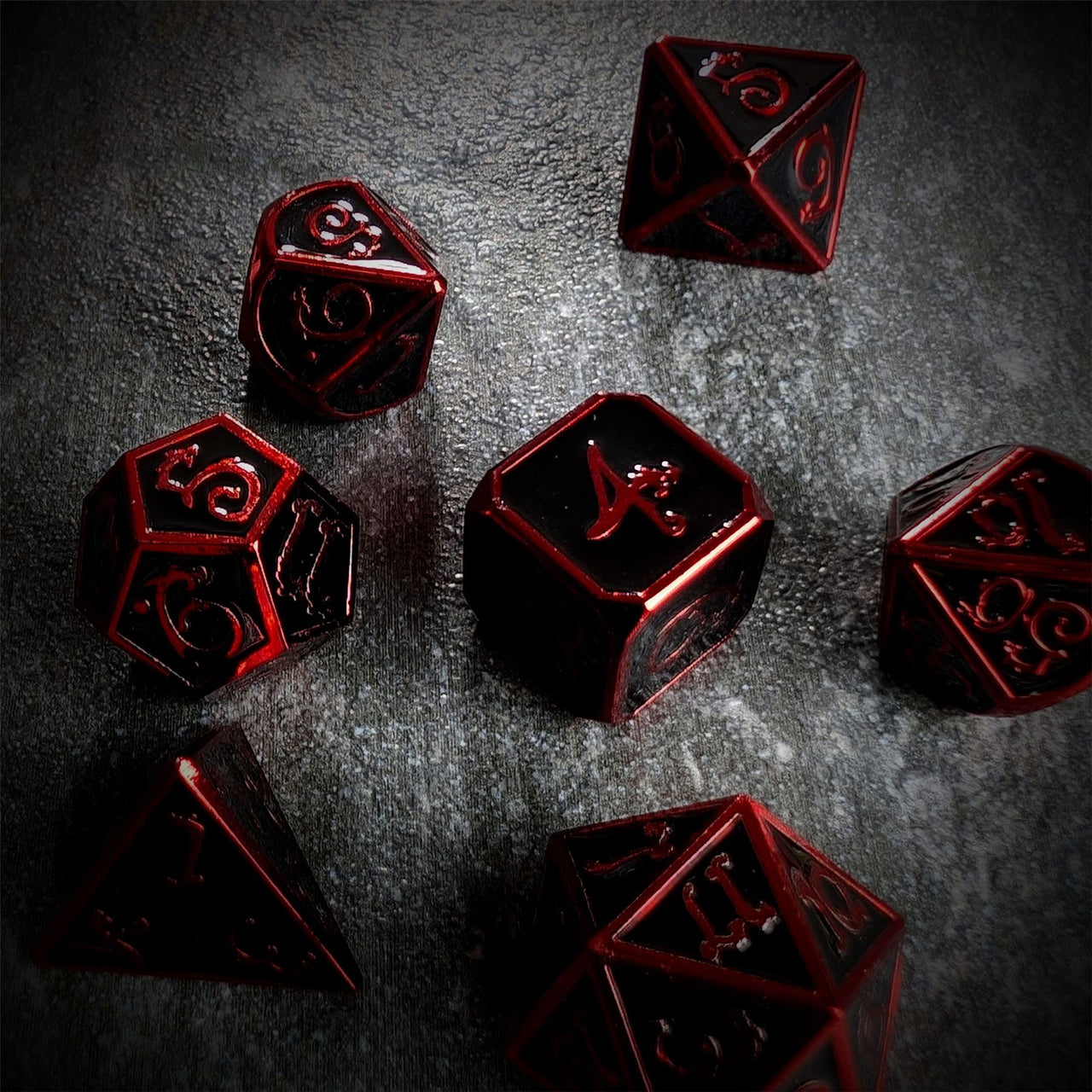 Black Metal with Red Dragon Font - 7pcs RPG Dice Set