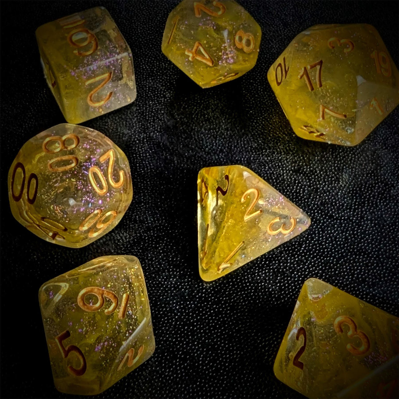 Yellow & Grey Swirl in Clear Resin - 7pcs RPG Full Dice Set