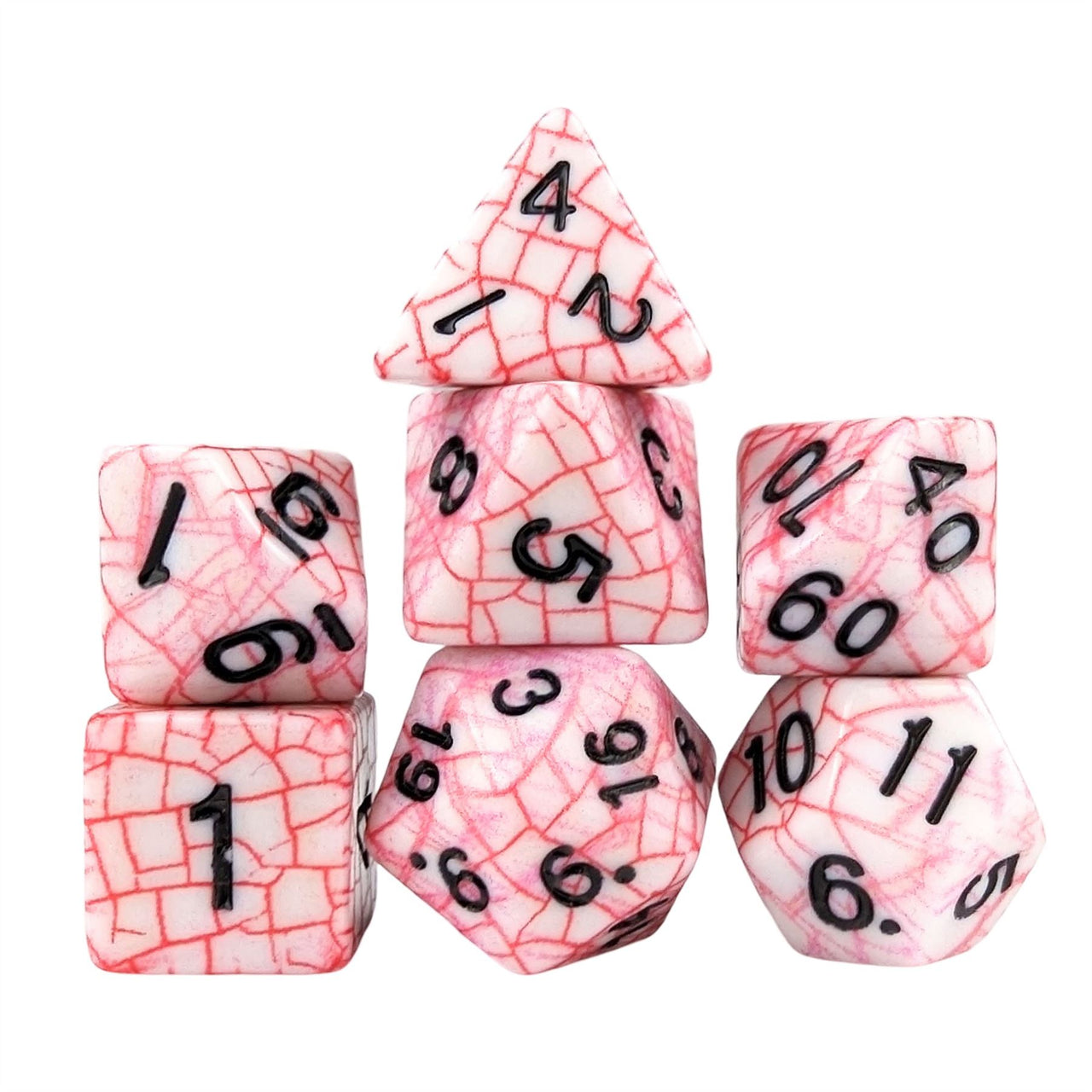 Cracked Red on White Acrylic - 7pcs RPG Full Dice Set