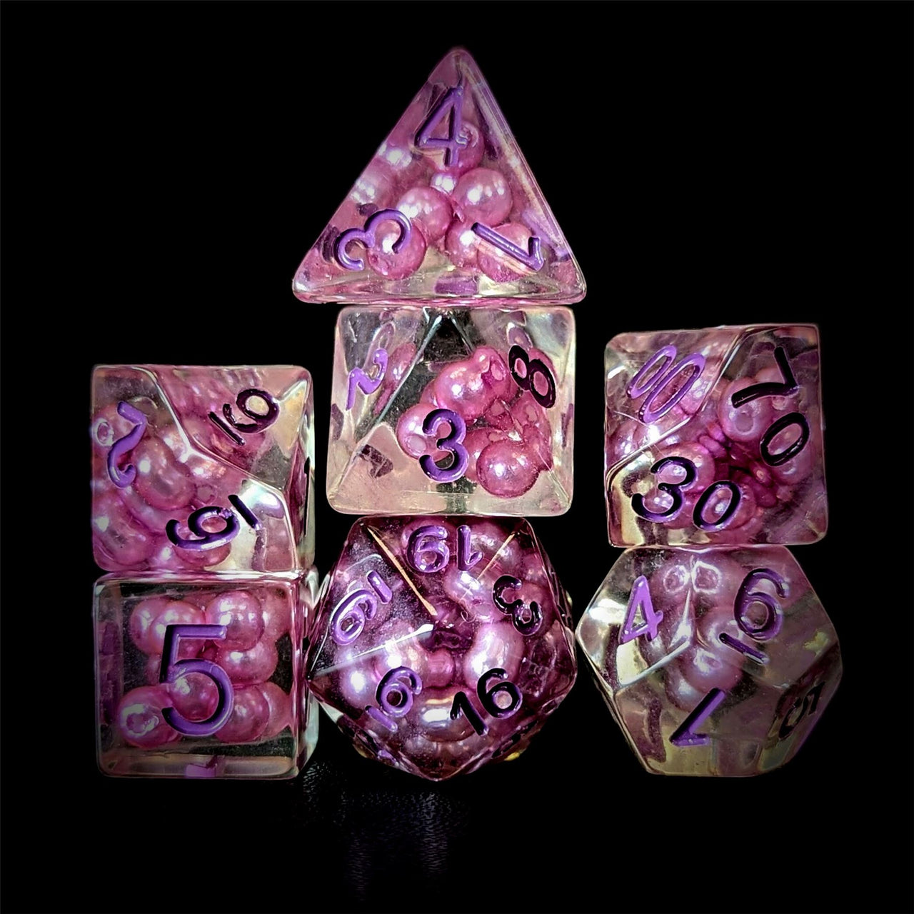 Purple Pearls in Clear Resin - 7pcs RPG Full Dice Set