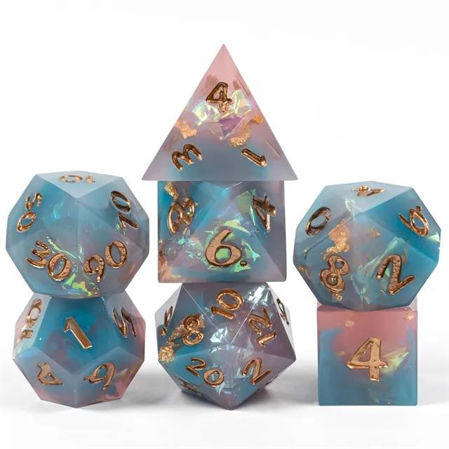 Candy in Blue & Pink with Copper Foil Sharp Resin - 7pcs RPG Dice Set