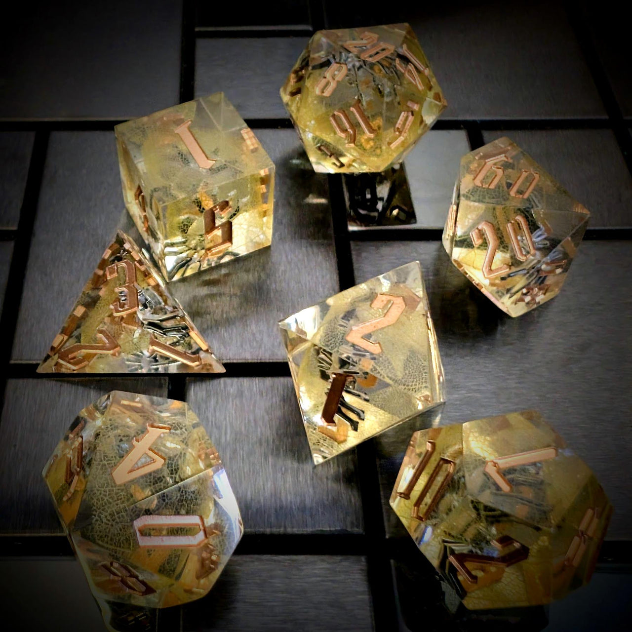 Spider in Clear & Yellow Filled Sharp Resin - 7pcs RPG Dice Set