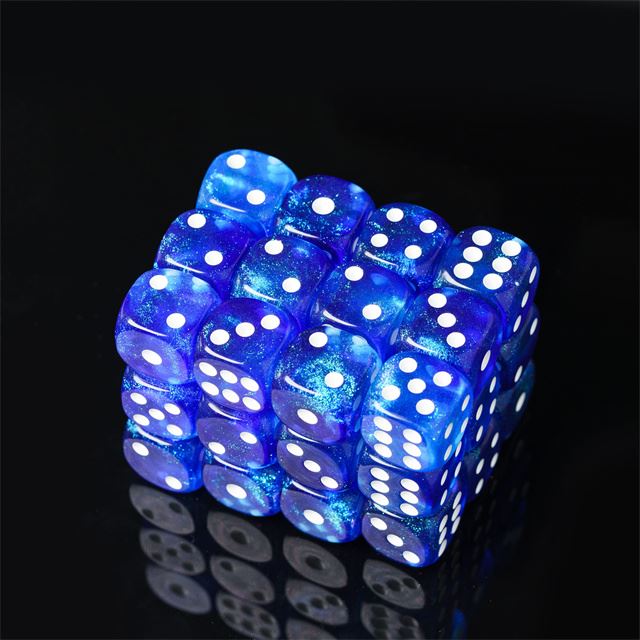 16mm Blue Acrylic with Glitter - 6pcs D6 RPG Dice Set