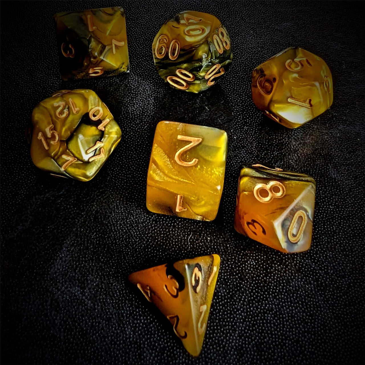 Blend of Black & Gold Acrylic - 7pcs RPG Full Dice Set Scatter