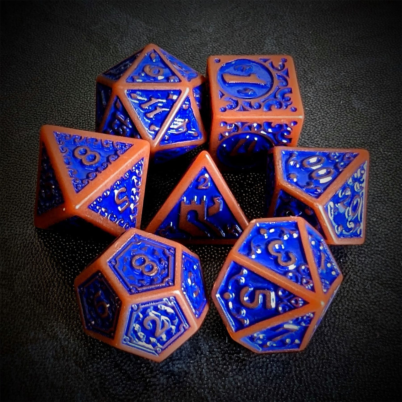 Blue Vines on Brown Acrylic - 7pcs RPG Full Dice Set Top