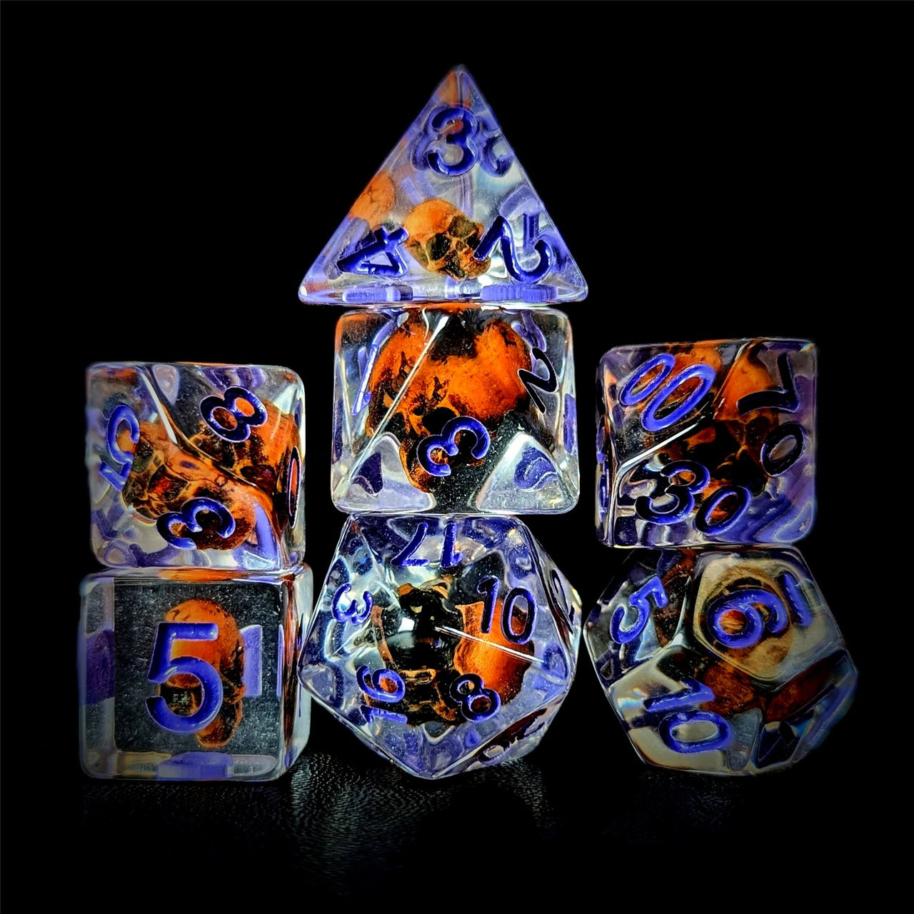 Orange Skull in Clear Resin - 7pcs RPG Full Dice Set