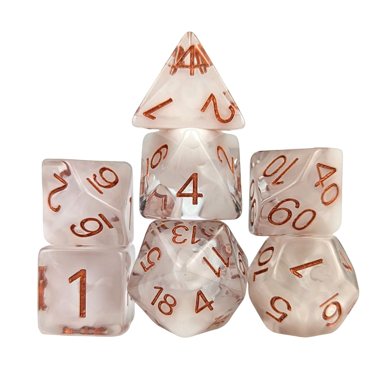 White Swirl in Clear Resin - 7pcs RPG Full Dice Set