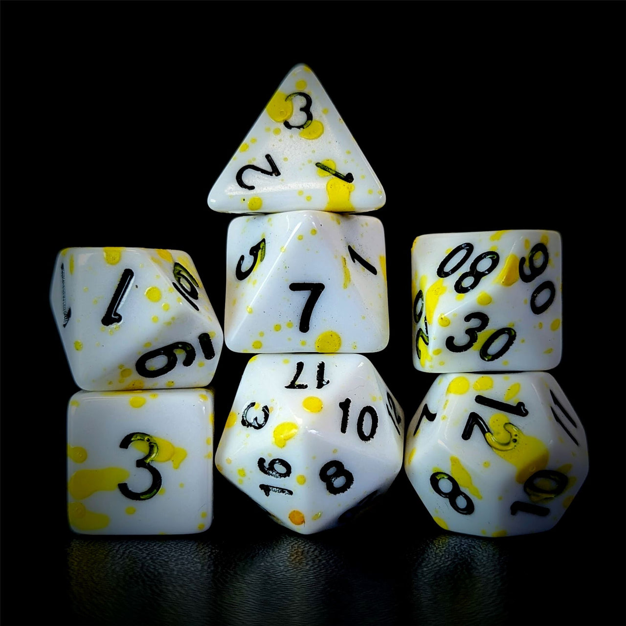 Yellow Blood Splatter on White Acrylic - 7pcs RPG Full Dice Set Dark Stack