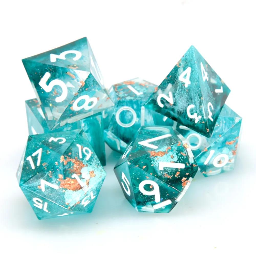 Blue Swirl in Teal with Gold Foil Sharp Resin - 7pcs RPG Dice Set