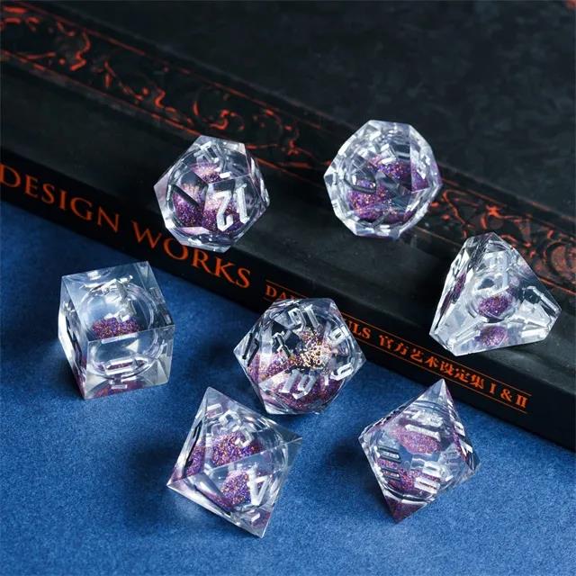 Purple Glitter in Clear Liquid Filled Sharp Resin - 7pcs RPG Dice Set