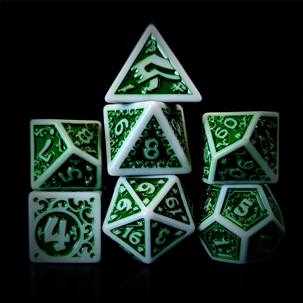 Green Vines on White Acrylic - 7pcs RPG Full Dice Set Dark Stack