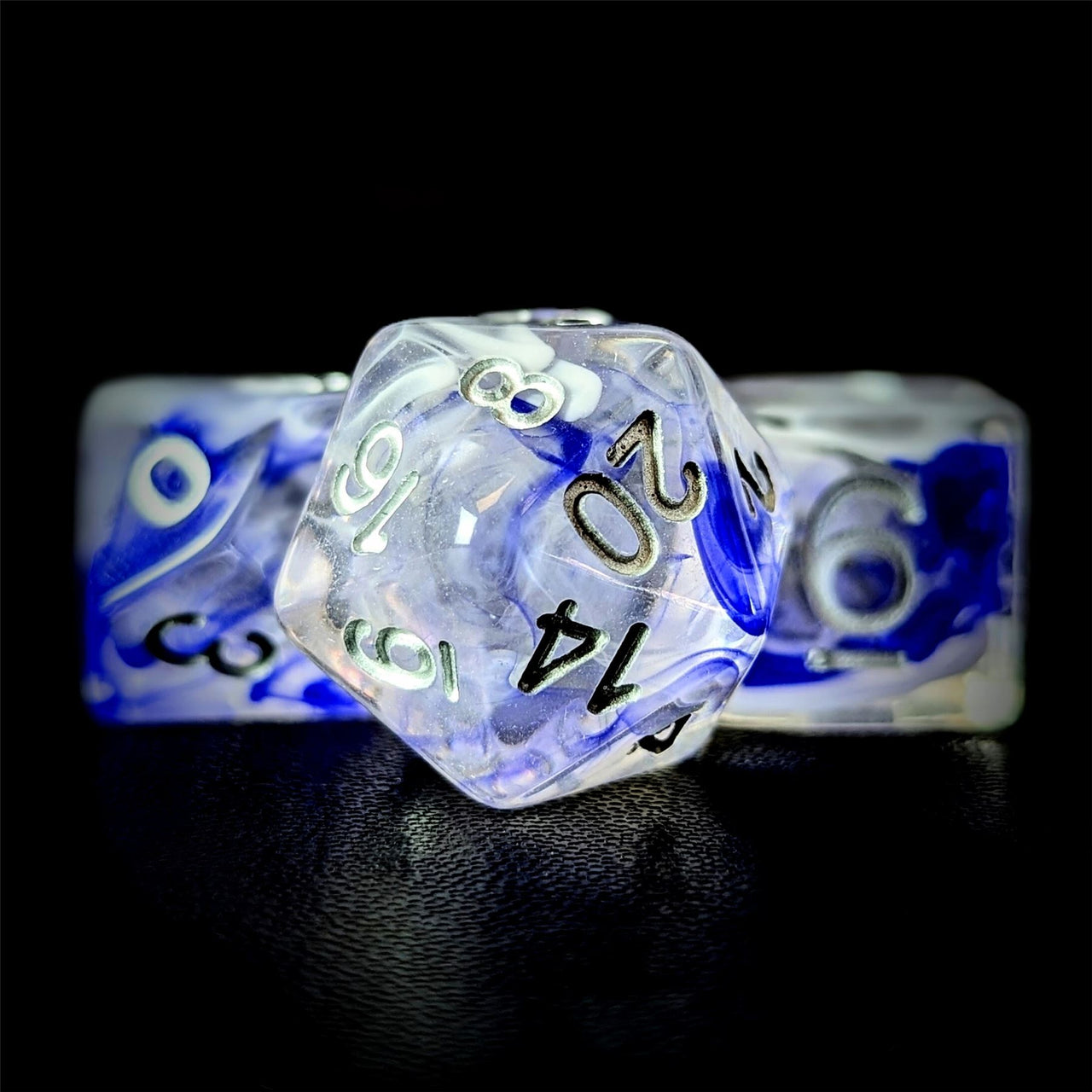 Blue & White Swirl in Clear Resin - 7pcs RPG Full Dice Set