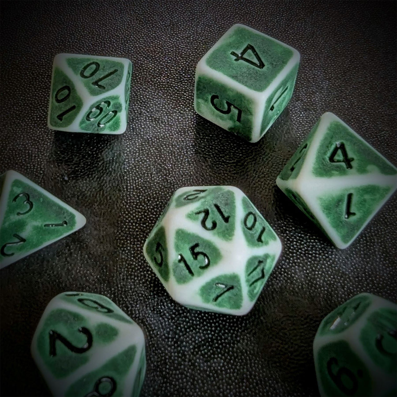 Washed Green on White Acrylic - 7pcs RPG Full Dice Set Scatter