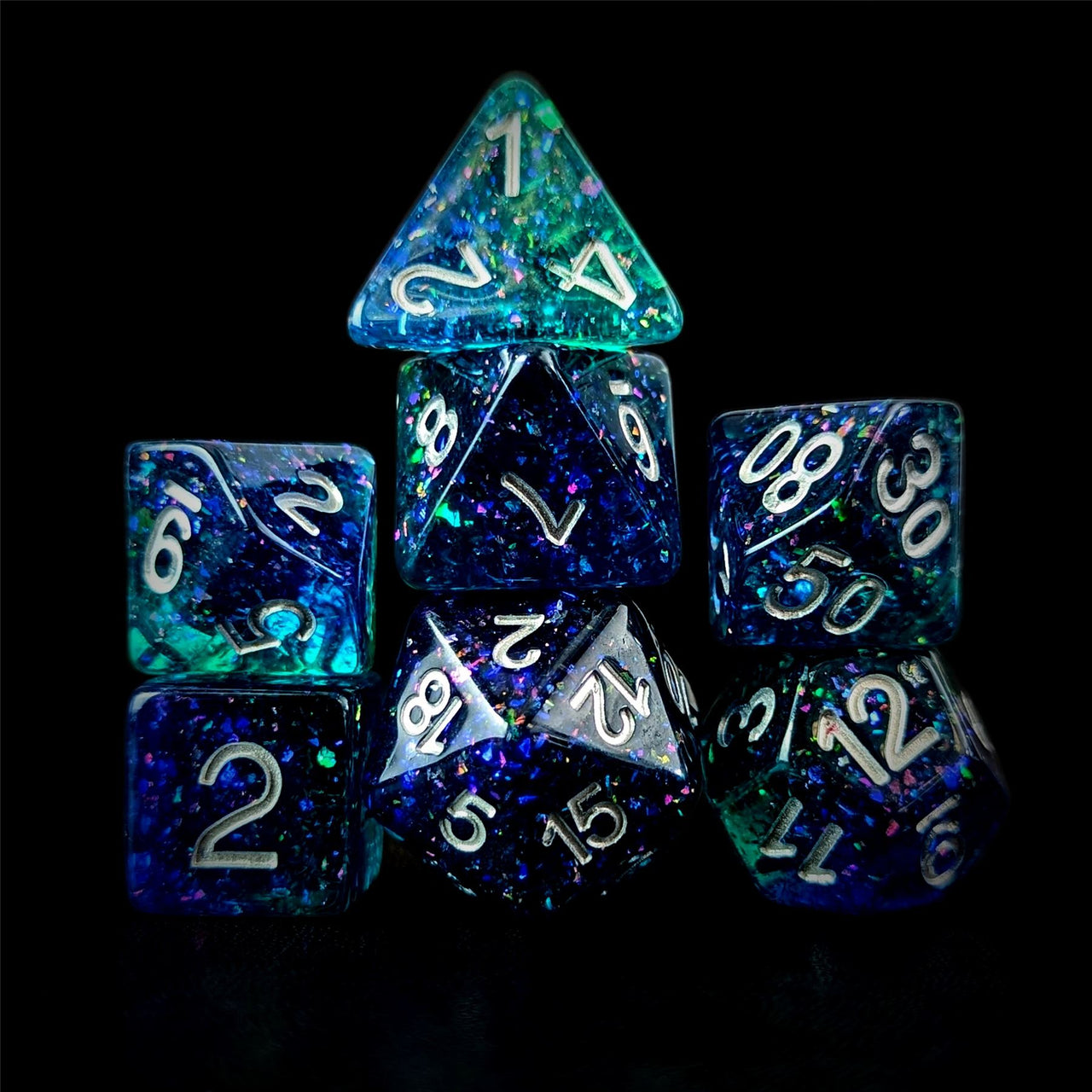 Glitter in Blue & Green Resin - 7pcs RPG Full Dice Set