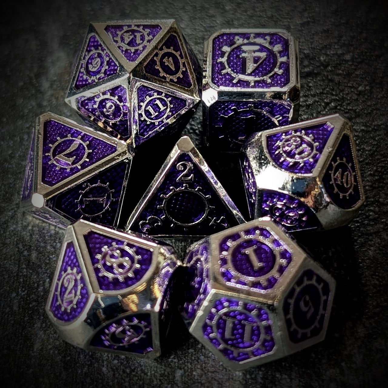 Gear in Purple Enamel Silver Metal - 7pcs RPG Dice Set