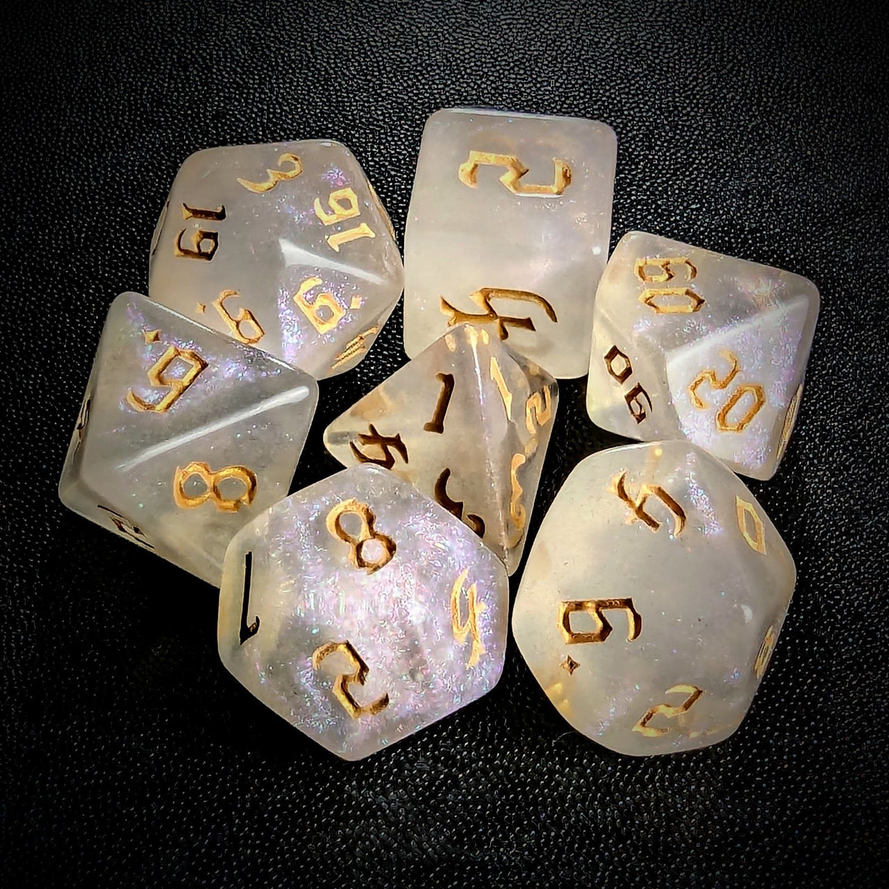 Glitter in White Acrylic with Gold Font - 7pcs RPG Full Dice Set Top