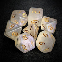 Thumbnail for Glitter in White Acrylic with Gold Font - 7pcs RPG Full Dice Set Top