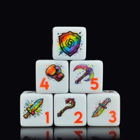 Thumbnail for 6pcs D6 16mm Dice Acrylic Printed Weapons Colour Splat Orange Font White
