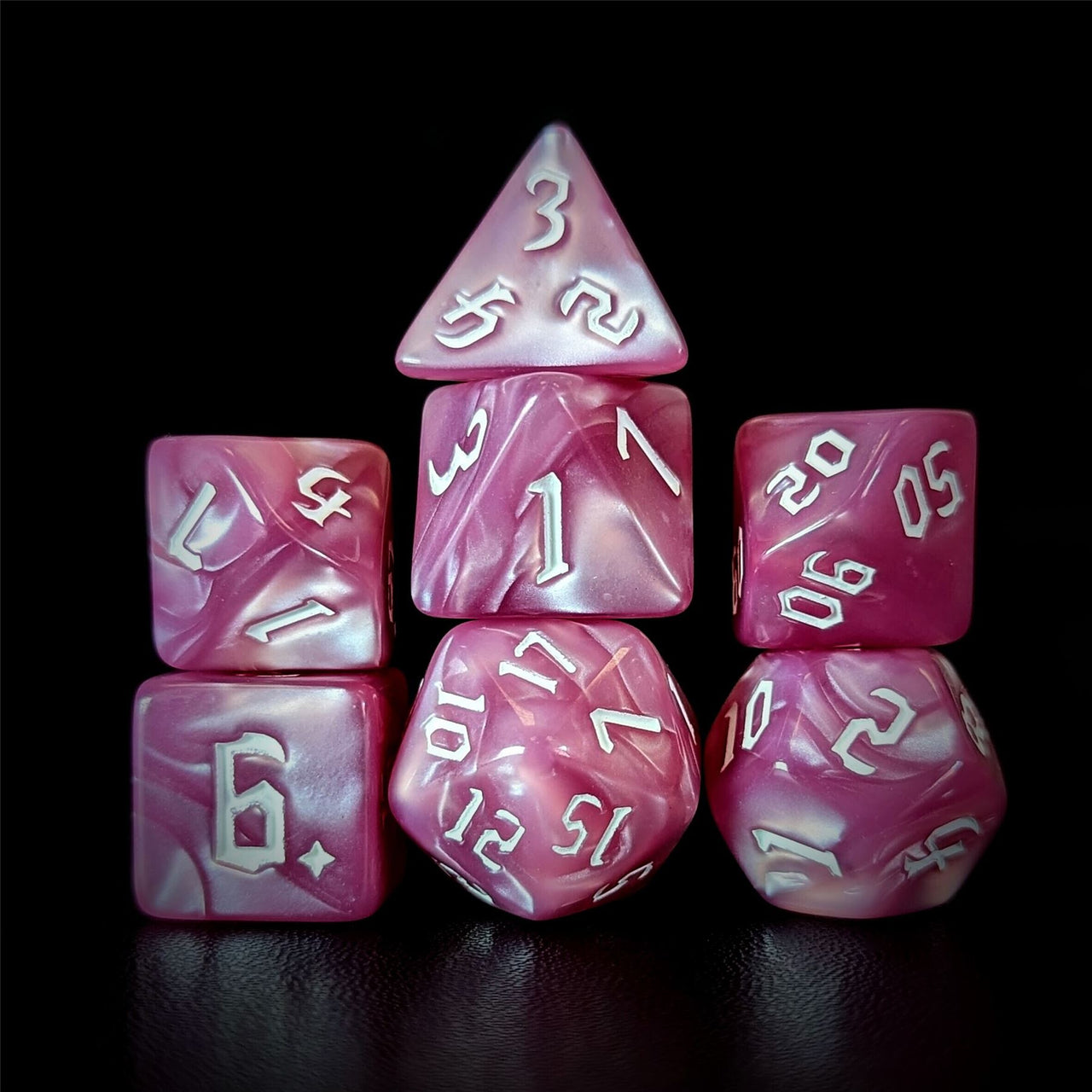 Pink Silk Acrylic - 7pcs RPG Full Dice Set Dark Stack