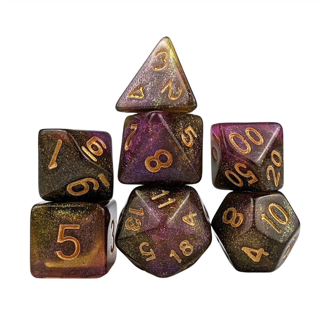 Glitter in Purple & Yellow Acrylic - 7pcs RPG Full Dice Set White Stack