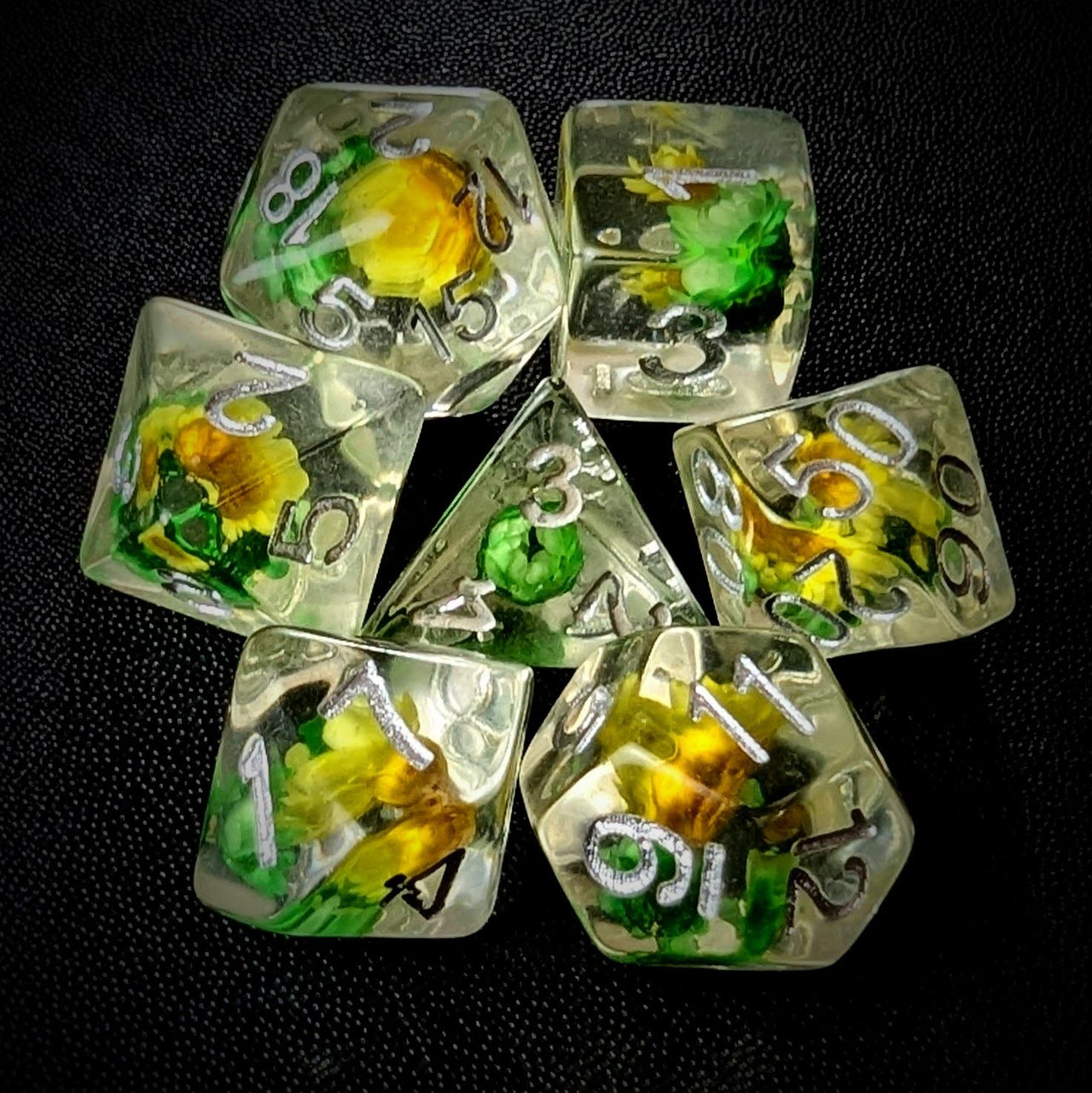 Yellow & Green Flowers in Clear Resin - 7pcs RPG Full Dice Set