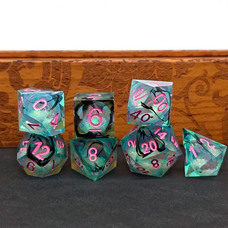 Black Swirl & Glitter in Cyan Liquid Filled Sharp Resin - 7pcs RPG Dice Set