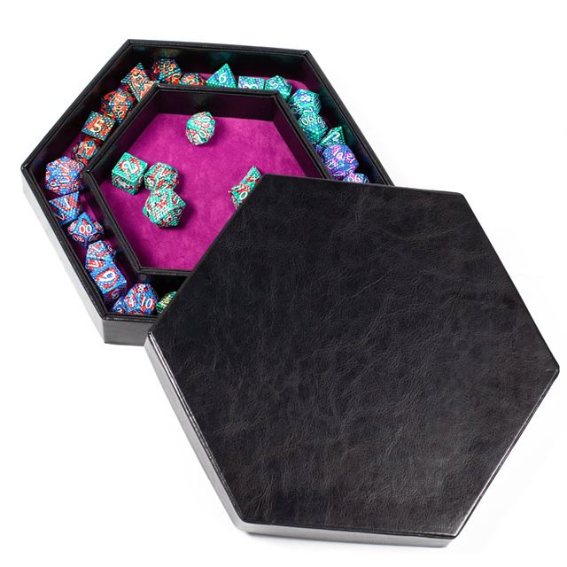 Magenta Velvet & Black PU Leather - Hexagon Lid Dice Tray