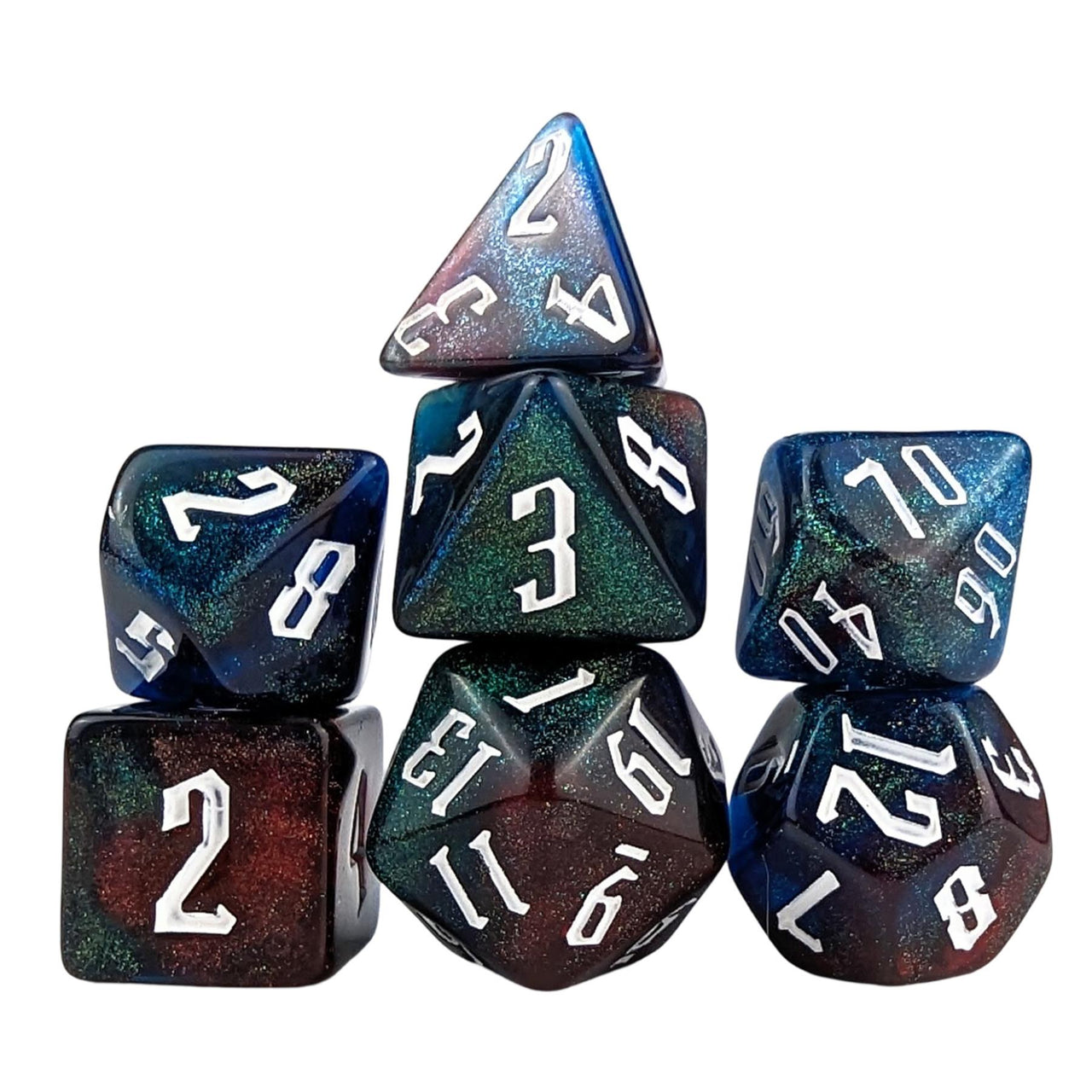 Glitter in Red & Blue Acrylic - 7pcs RPG Full Dice Set