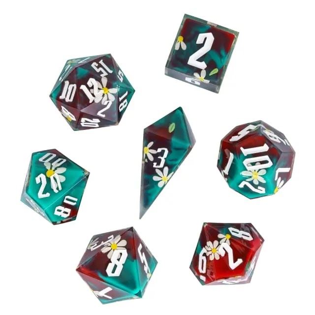 White Flower in Red & Green Filled Sharp Resin - 7pcs RPG Dice Set