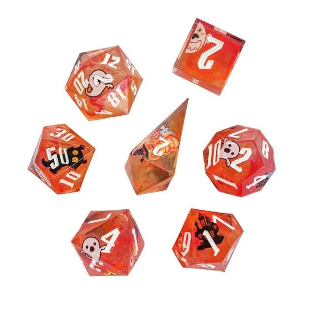 Halloween Ghosts in Orange Filled Sharp Resin - 7pcs RPG Dice Set