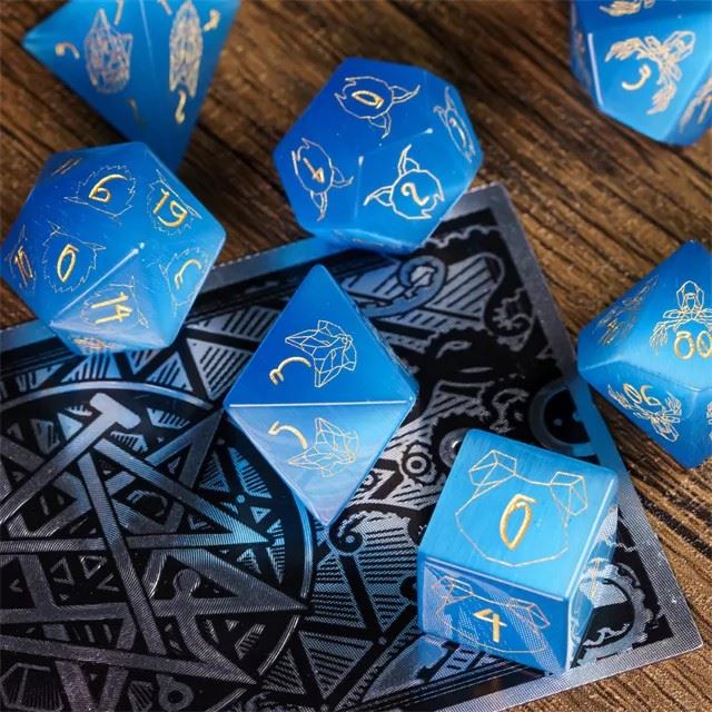 Beasts on Blue Cat Eye Gemstone - 7pcs RPG Dice Set