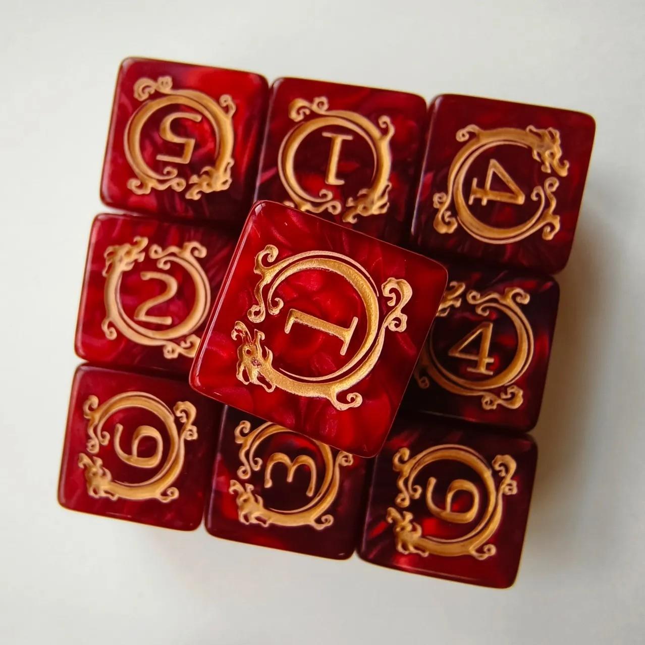 6pcs D6 17mm Dice Acrylic Blend Square Dragon Circle Gold Font Red