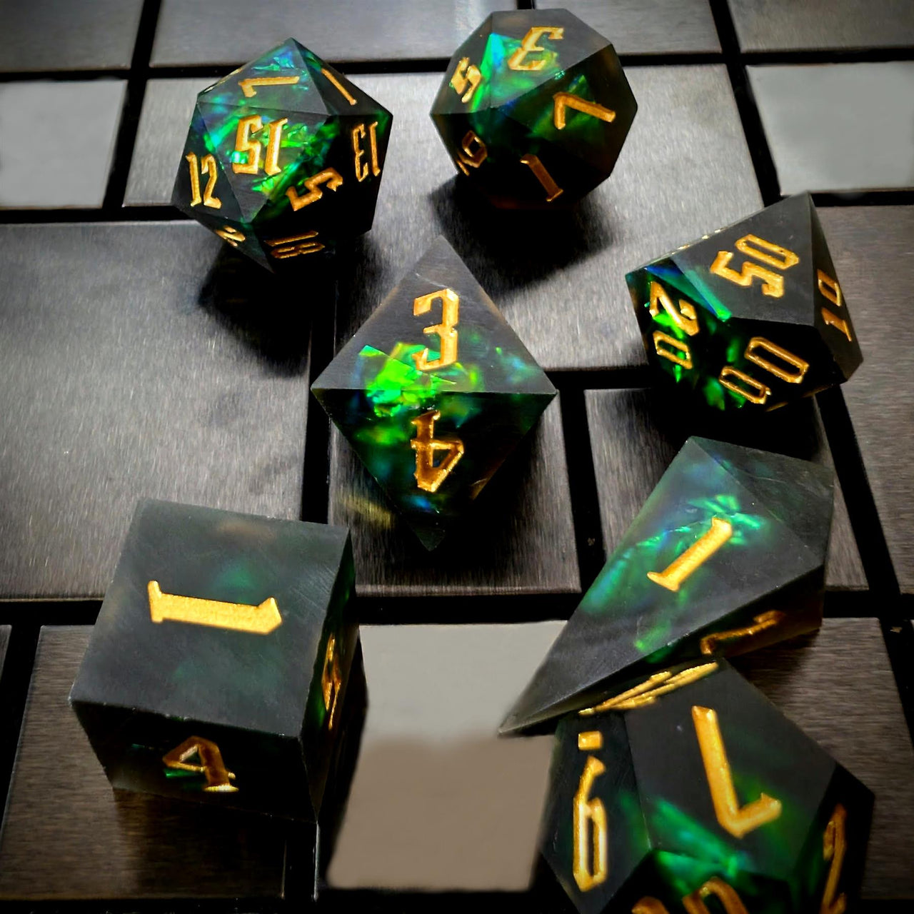 Green Candy in Frosted Black Sharp Resin - 7pcs RPG Dice Set