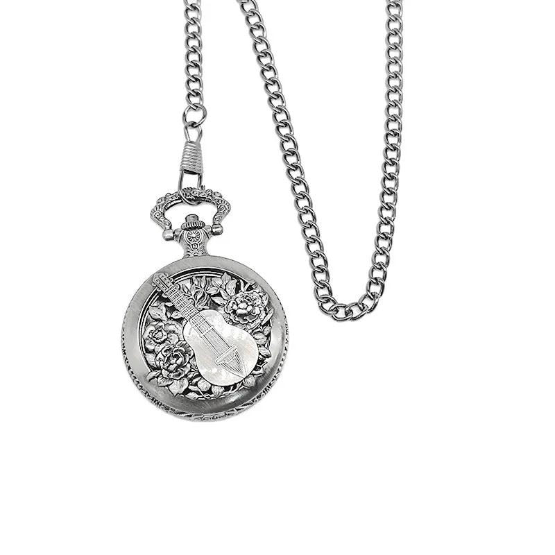 Guitar on Silver Pocket Watch with Mini Dice - Pendant