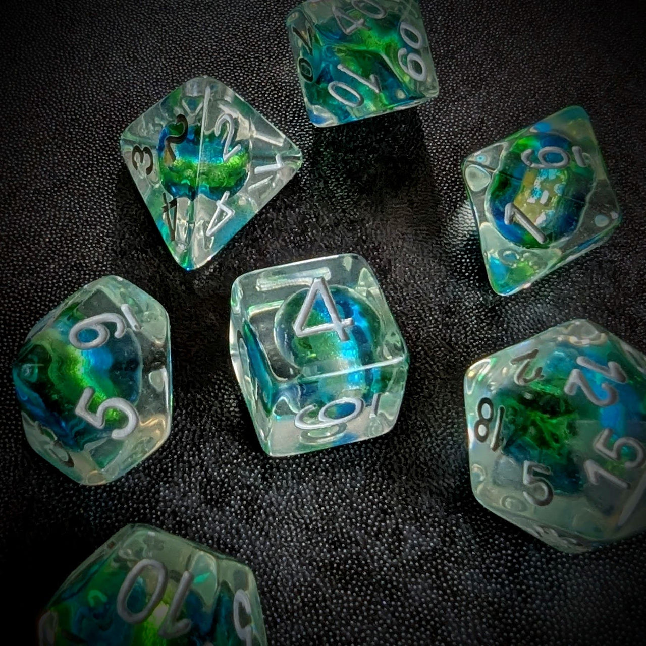 Blue & Cyan Bead in Clear Resin - 7pcs RPG Full Dice Set