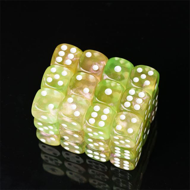 16mm Yellow & Green Acrylic with Glitter - 6pcs D6 RPG Dice Set