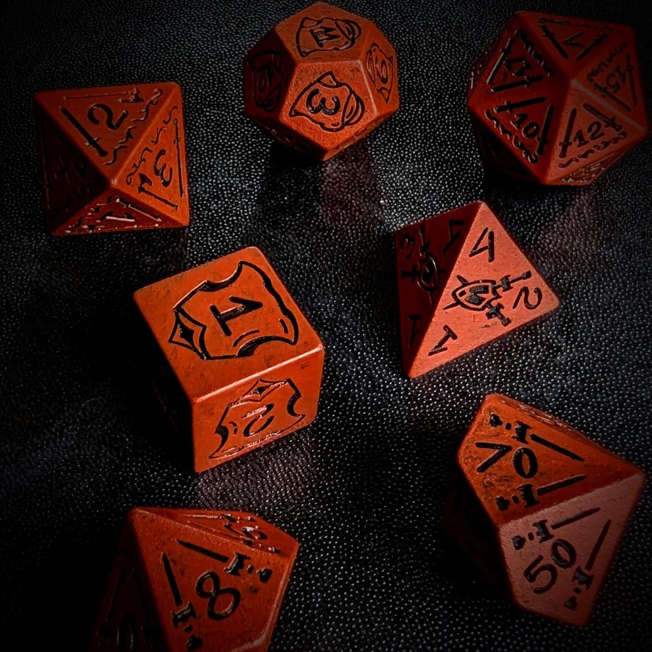 7pcs RPG Full Dice Set - Black Pattern on Red Resin