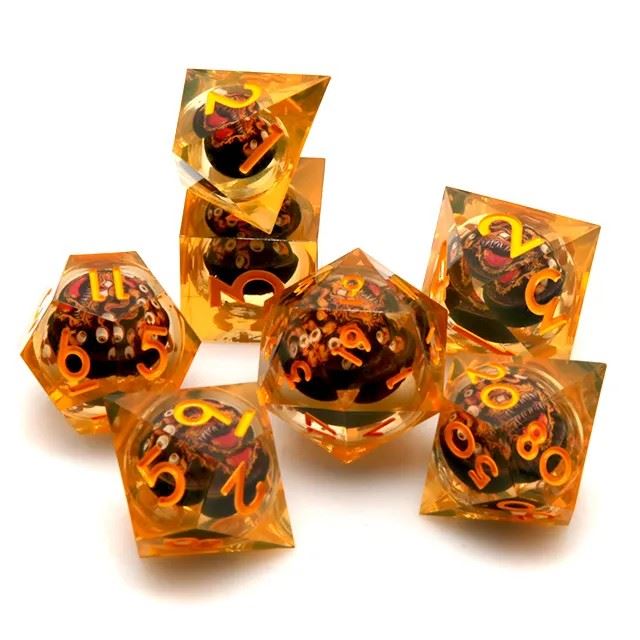 Orange Beholder in Orange & Clear Liquid Filled Sharp Resin - 7pcs RPG Dice Set