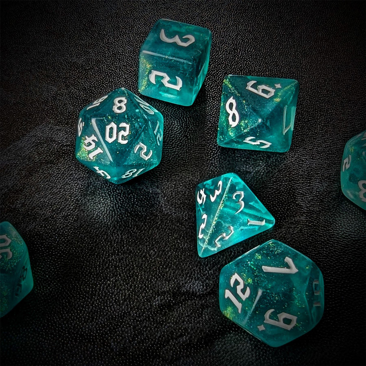 Glitter in Blue & Green Acrylic - 7pcs RPG Full Dice Set Scatter