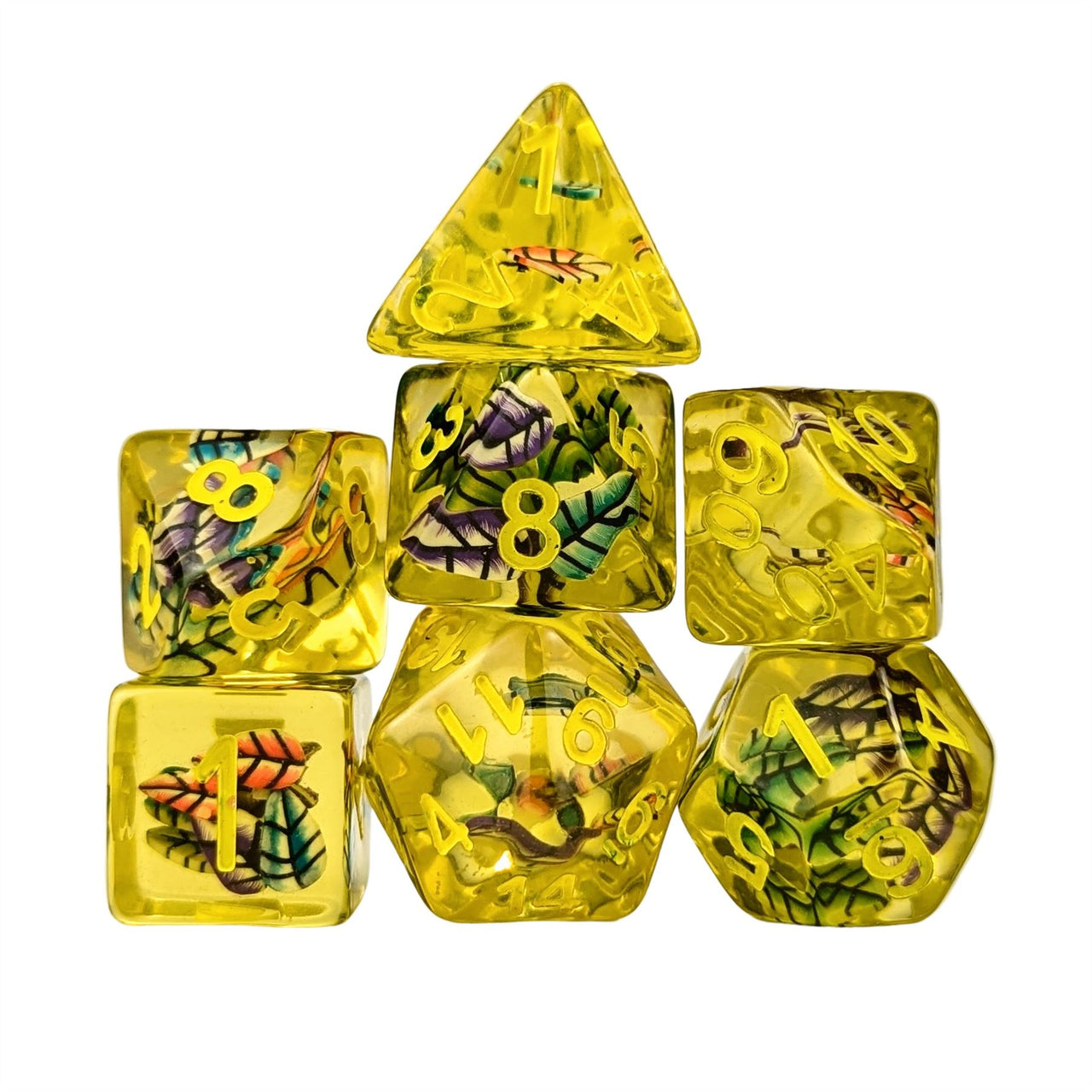 Leaves in Clear & Yellow Resin - 7pcs RPG Full Dice Set