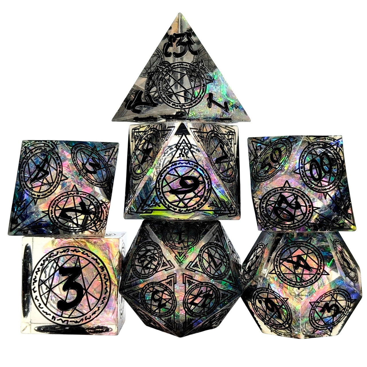 Astrology on Clear with Candy Sharp Resin - 7pcs RPG Dice Set