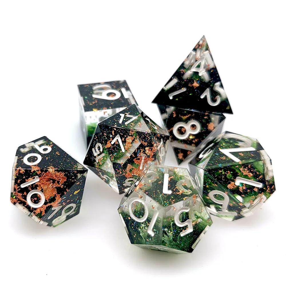 Green Swirl in Black & Clear with Copper Foil Sharp Resin - 7pcs RPG Dice Set