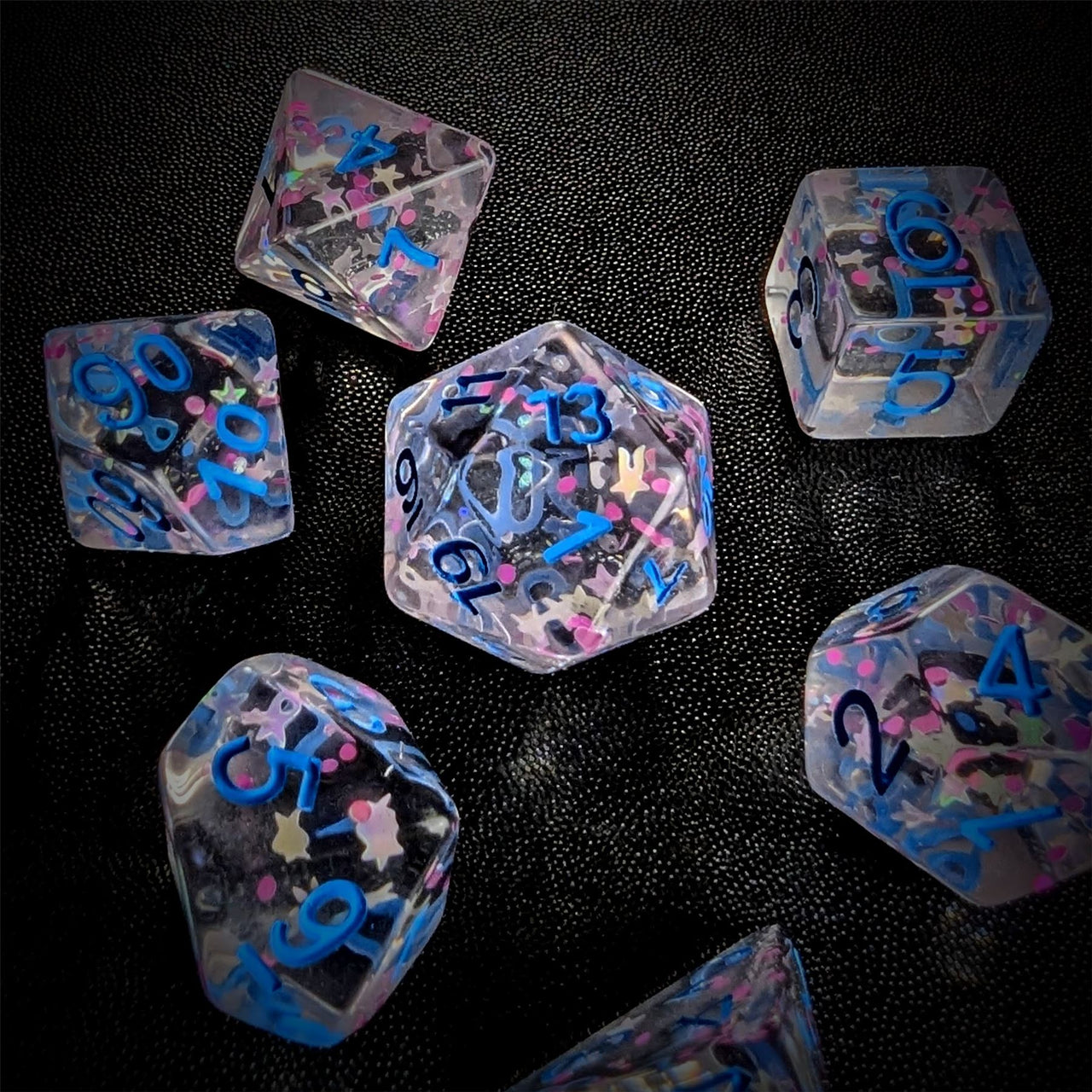 Star Confetti in Clear Resin - 7pcs RPG Full Dice Set